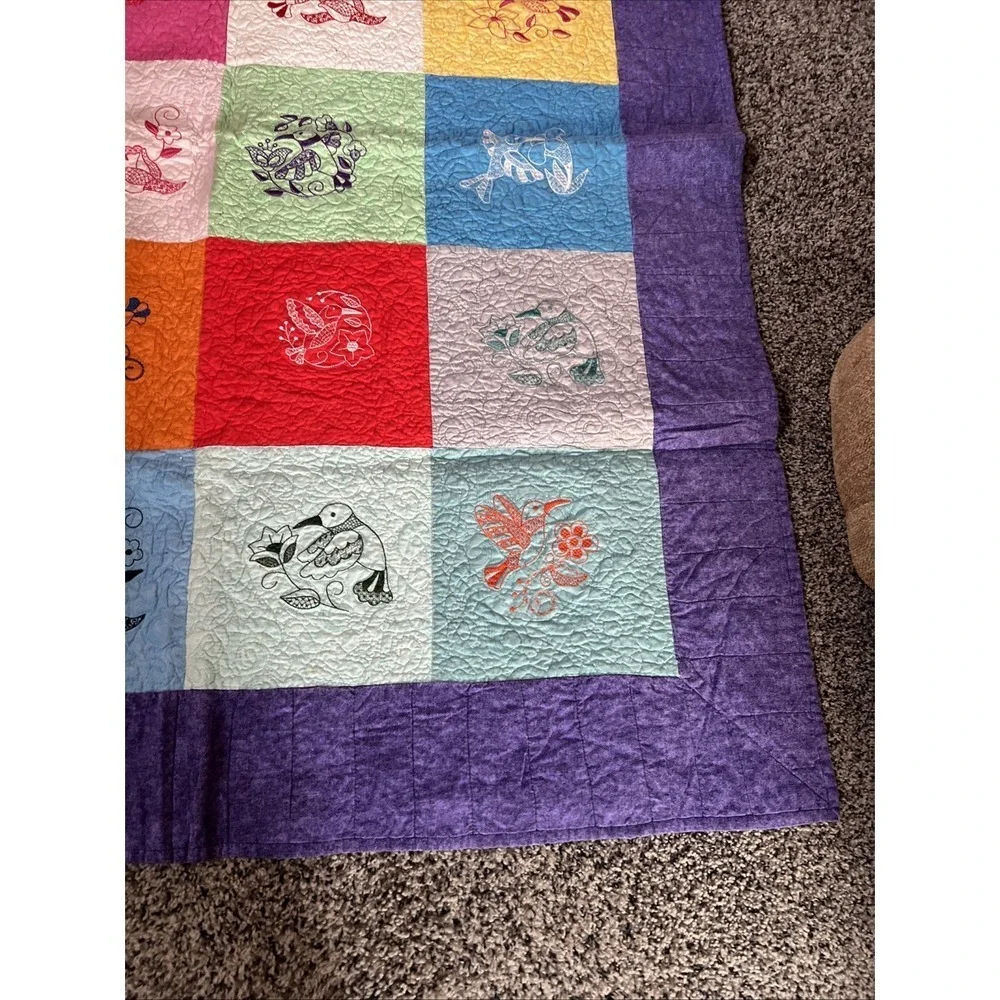 handmade embroidered vintage quilt throw blanket Hummingbirds 53.5